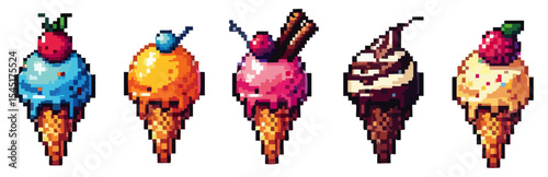 Five pixel art ice cream cones, each with unique toppings and colors, displayed against a white background.