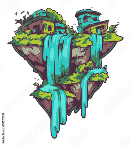 Surreal Floating Island with Waterfalls and Abandoned Buildings in Vector Art