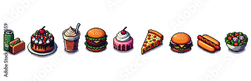 A collection of various pixelated food items, arranged in a row.