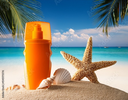 sunscreen bottle on tropical beach with seashells and starfish in summer