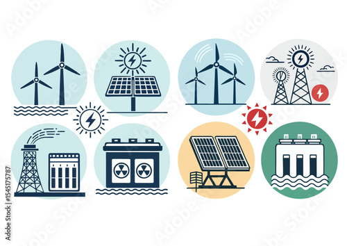 Stylized icons representing various forms of renewable energy: wind, solar, hydro, and battery storage