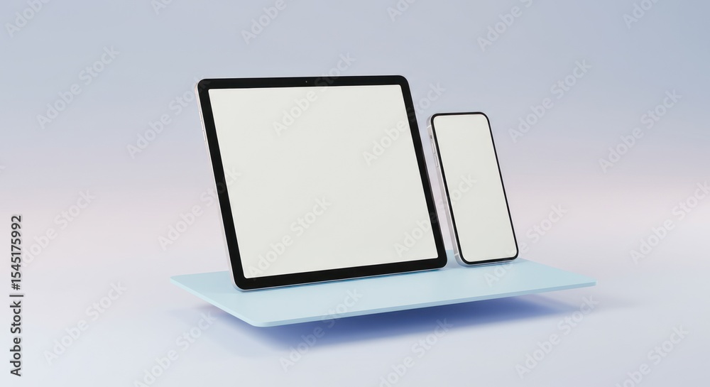 Digital Tablet and Smartphone on Light Blue Platform in Minimalist Modern Setup Digital Tablet and Smartphone on Light Blue Platform in Minimalist Modern Setup