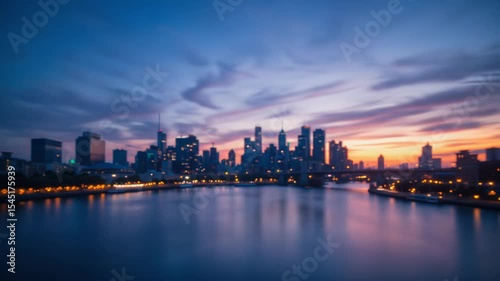 Wallpaper Mural Cityscape at Dusk: River Reflects Twilight Sky with Blurred Skyline and Bridge Torontodigital.ca