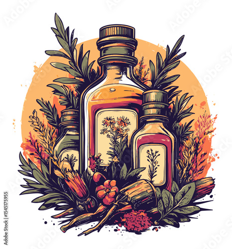 Vintage Botanical Illustration of Herbal Bottles Surrounded by Plants and Flowers
