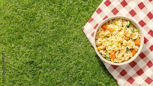 Pasta Salad on a Red Gingham Blanket in the Summer Sun