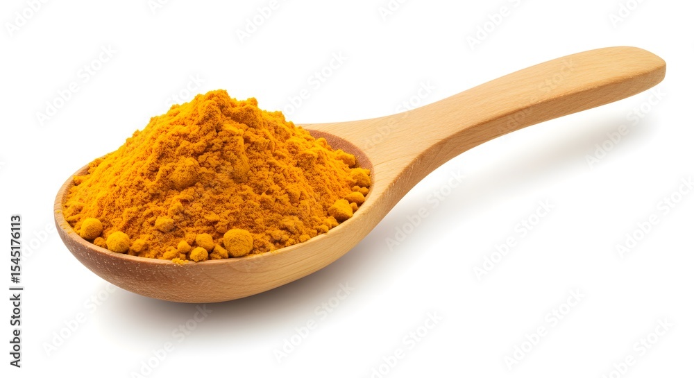 A vibrant close-up of turmeric powder in a wooden spoon A vibrant close-up of turmeric powder in a wooden spoon