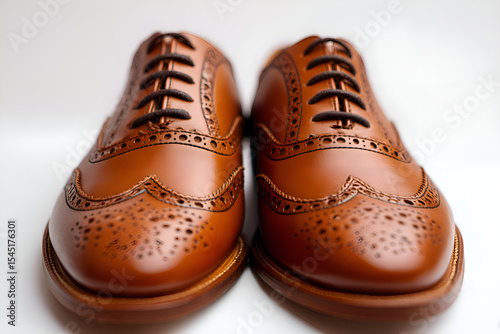 Classic tan leather brogue shoes resting on white background