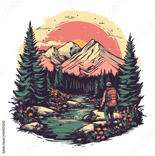 Scenic Mountain Hiking Landscape with Sunset and Lush Greenery Illustration