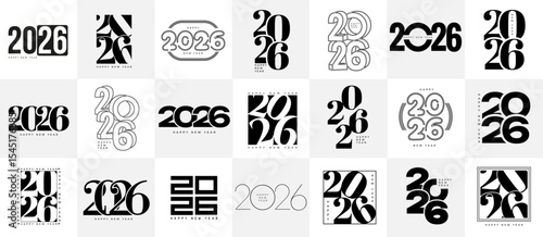 Set of Happy New Year 2026 logo design template. Vector illustration for calendar, invitations, greeting cards, banner, poster