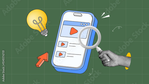 Halftone collage, Hand holding Magnifying Glass, research, learning or online course, on smartphone with video, education, practice
