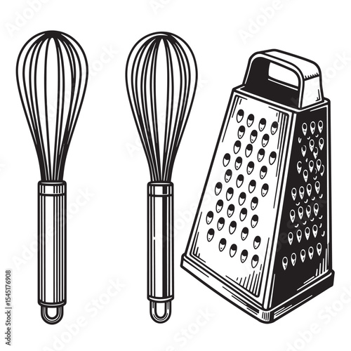 Vintage art silhouette of kitchen utensils whisk and grater for cooking and baking