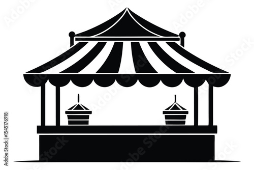 Black Silhouette of Striped Carnival Tent Booth with Two Bucket Games Inside