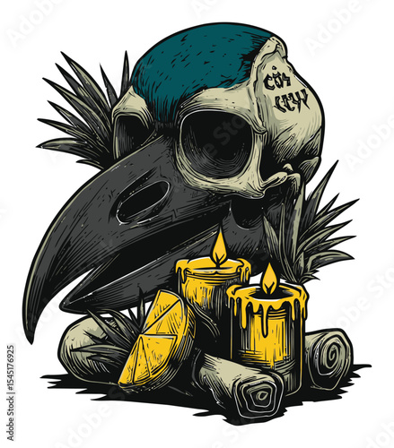 Detailed Illustration of a Skull with Candles and Citrus in Stylized Vector Art