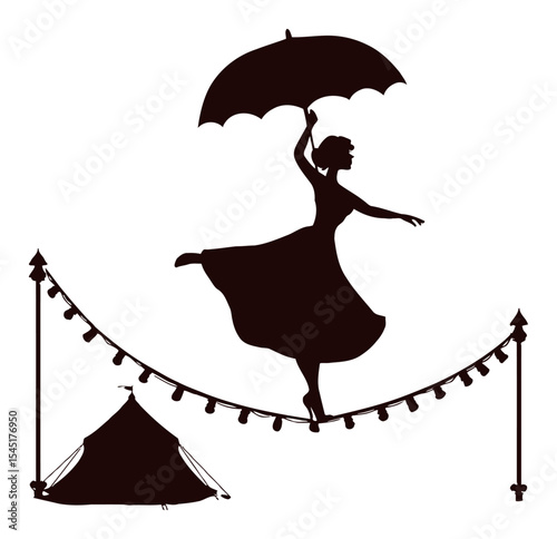 Silhouette of a Dancer with an Umbrella Balancing on a Tightrope