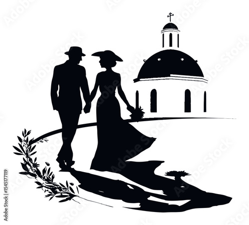 Elegant Silhouette of Couple Holding Hands with Dome Structure in Background