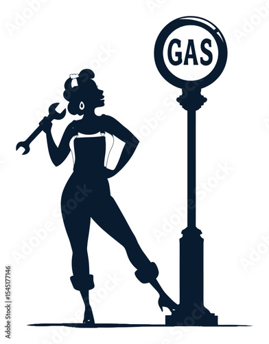 Vintage Silhouette of a Confident Woman Beside a Gas Station Sign