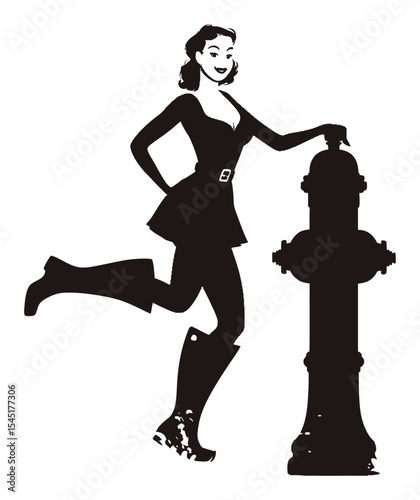 Playful Silhouette of a Woman Posing with a Fire Hydrant in Vintage Style