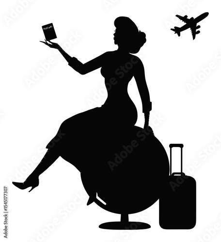 Elegant Woman Silhouette Holding Travel Ticket and Sitting on Globe