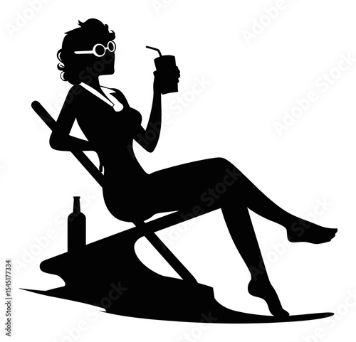 Elegant Silhouette of Woman Relaxing with Drink on Beach Chair at Sunset