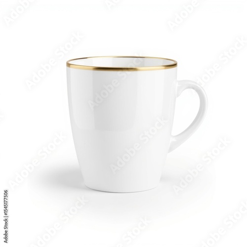 Elegant white ceramic mug with a gold rim on a white background