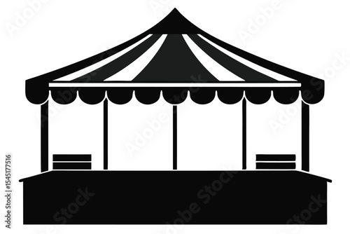 Black and White Silhouette Illustration of Carnival Tent Booth Stand with Striped Awning