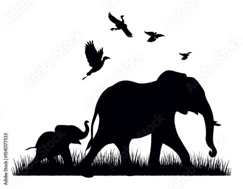 Majestic Silhouette of Elephants and Birds against a White Background