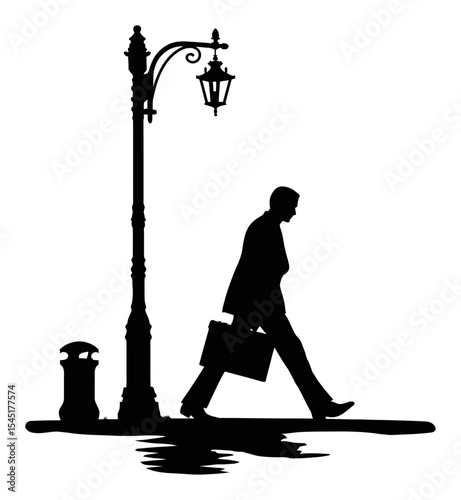 Elegant Silhouette of a Businessman Walking by a Street Lamp at Dusk