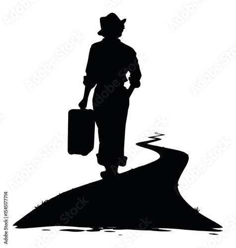 Silhouette of a Traveler with a Suitcase Walking on a Winding Path