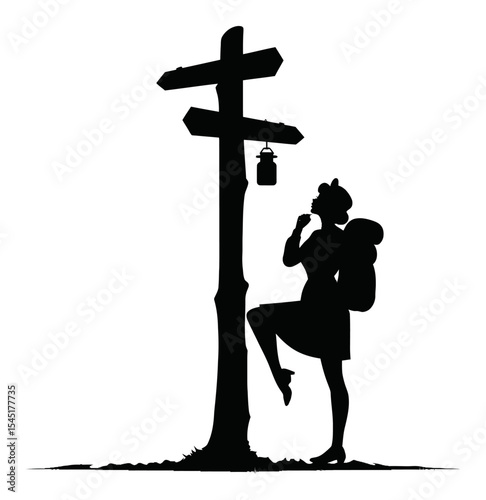 Hiker Silhouette at Trail Signpost with Lantern Against White Background