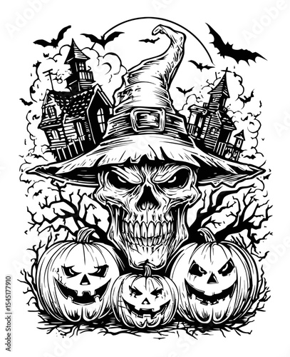 Spooky Halloween Hand Drawn Skull with Witch Hat and Jack-o'-Lanterns