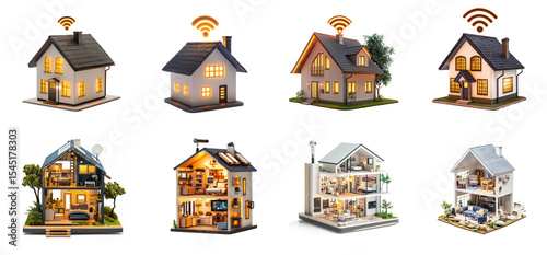 Collection of Miniature house with a glowing Wi-Fi symbol indicating smart technology and connectivity. full length isolate on transparent background