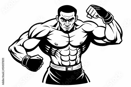 Vintage black and white illustration of a muscular male boxer in a powerful fighting stance. This dynamic vector-style artwork features bold line shading, detailed muscle anatomy