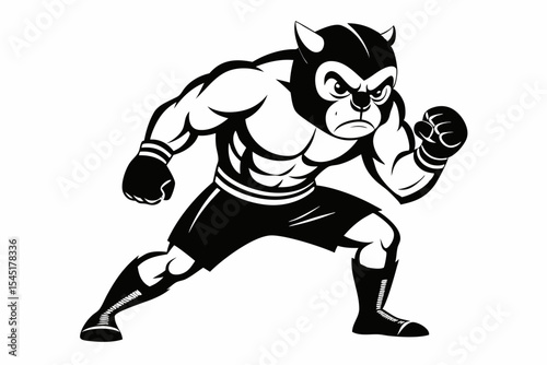 Vintage black and white illustration of a muscular male boxer in a powerful fighting stance. This dynamic vector-style artwork features bold line shading, detailed muscle anatomy