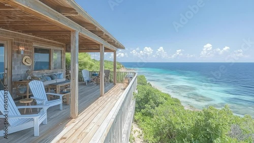 Wooden beachfront porch overlooking turquoise ocean