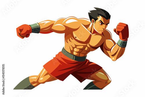 Vintage black and white illustration of a muscular male boxer in a powerful fighting stance. This dynamic vector-style artwork features bold line shading, detailed muscle anatomy