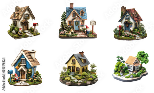 Collection of miniature house with a mailbox and garden gnome creating a cozy, lived-in look for real estate appeal. full length isolate on transparent background