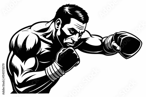 Vintage black and white illustration of a muscular male boxer in a powerful fighting stance. This dynamic vector-style artwork features bold line shading, detailed muscle anatomy