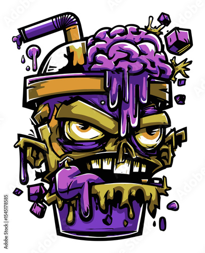 Vivid Skull Drink Cup Design with Colorful Brain and Dripping Slime