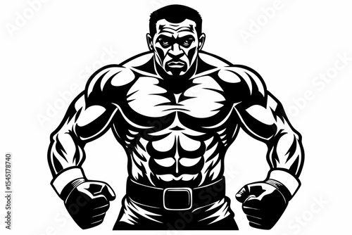 Vintage black and white illustration of a muscular male boxer in a powerful fighting stance. This dynamic vector-style artwork features bold line shading, detailed muscle anatomy