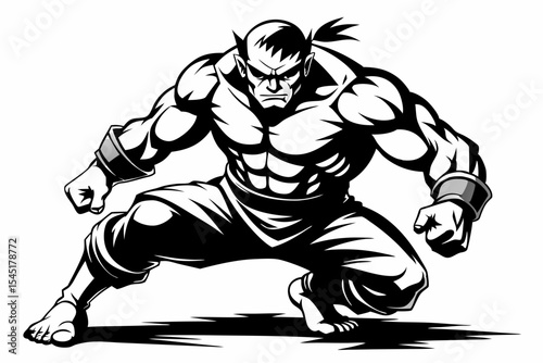 Vintage black and white illustration of a muscular male boxer in a powerful fighting stance. This dynamic vector-style artwork features bold line shading, detailed muscle anatomy