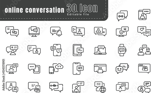 Online Conversation Line Icons, Minimalist Vector Icons for Chat, Messaging, Communication, and Social Interaction, 2pt Stroke Outline Set