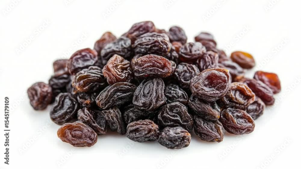 A stack of brown raisins on a clean white surface, great for food photography or as a prop in still life scenes A stack of brown raisins on a clean white surface, great for food photography or as a prop in still life scenes