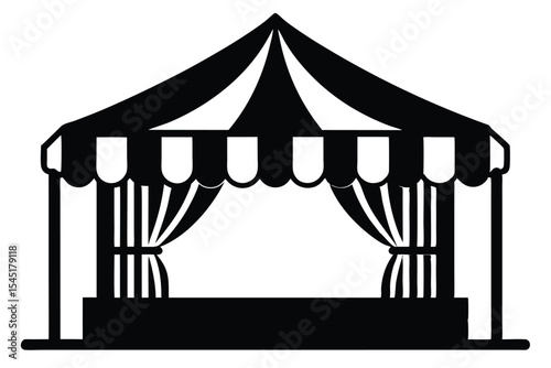 Black and White Circus Tent Silhouette with Striped Curtains and Stage Platform Design