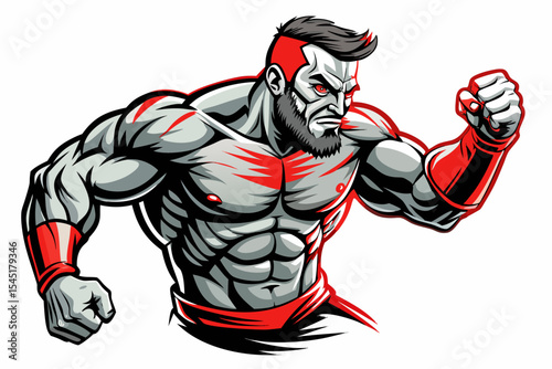 Vintage black and white illustration of a muscular male boxer in a powerful fighting stance. This dynamic vector-style artwork features bold line shading, detailed muscle anatomy
