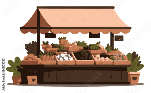 Vibrant Cartoon Vegetable Market Stand with Fresh Produce and Greenery
