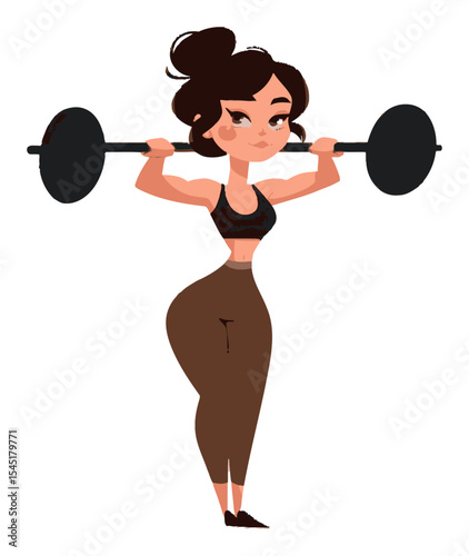 Energetic Cartoon Woman Lifting Barbell in Fitness Workout Scene