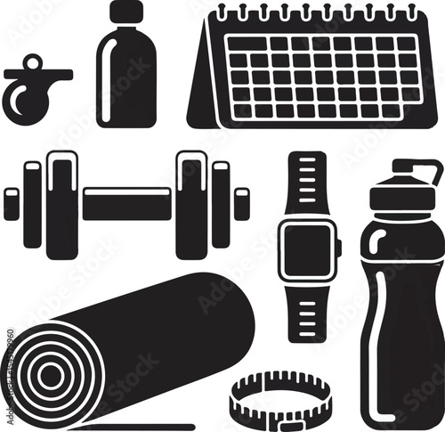 Black and White Fitness Icons Set Dumbbell Water Bottle Yoga Mat Measuring Tape Smartwatch Calendar vector