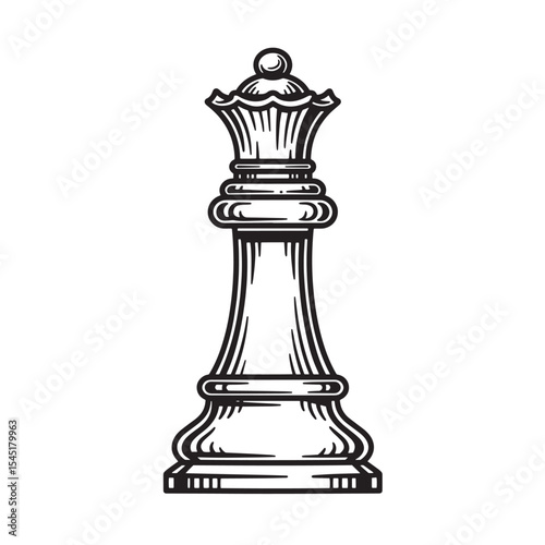 A detailed vintage art silhouette of a chess queen piece representing strategy and power in black and white