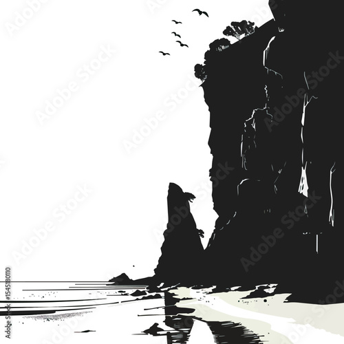 Rugged cliffs overlooking a beach. silhouette illustration
