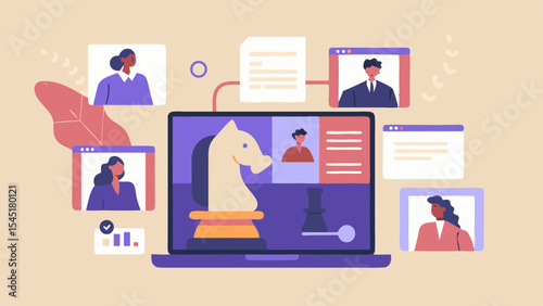 Online Business Strategy Meeting with Chess Metaphor and Remote Team Collaboration on Laptop Screen Displayed in Flat Design